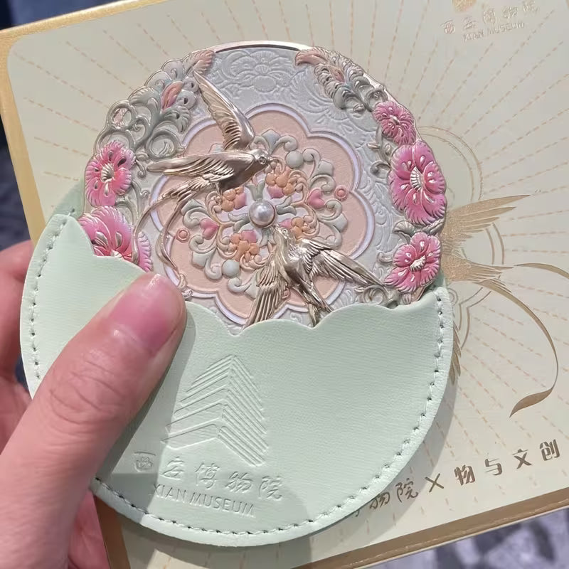 A Pair of Chinese-Style Decorative Makeup Mirrors Featuring Floral And Avian Designs, Crafted from Enamel, Including a Mirror And a Protective Case