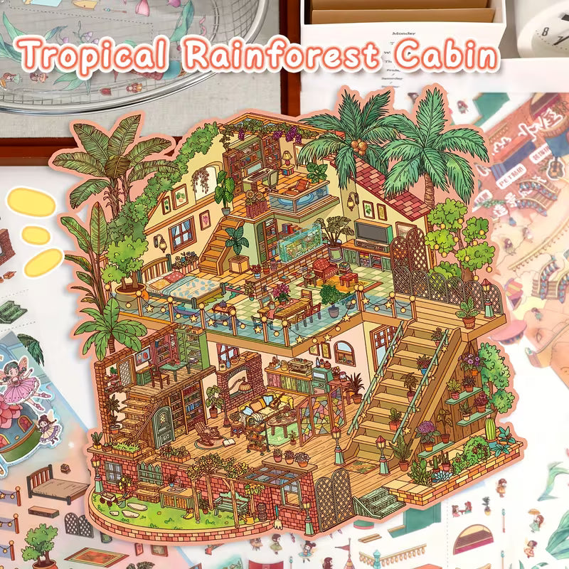 Scene Stickers, Adult Landscape Decals, House Stickers, Scrapbook Stickers, 3D Miniature House Stickers, Landscape Stickers, Disposable, Multiple Sizes Available