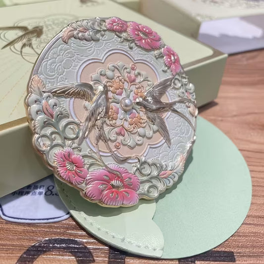 A Pair of Chinese-Style Decorative Makeup Mirrors Featuring Floral And Avian Designs, Crafted from Enamel, Including a Mirror And a Protective Case